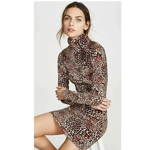 SPRWMN Leopard Print Velvet Velour Long Sleeve High Neck Covet Mini Dress Size S - Picture 1 of 8
